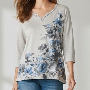 Alfred Dunner Cream Pullover with Blue & Gray Floral Top